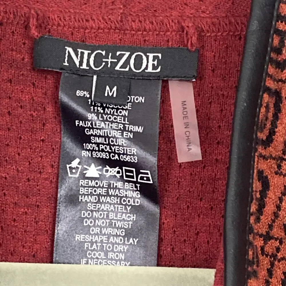 NWT NIC & ZOE Sweater M Cardigan Belted Long Geometric Faux Leather Asymmetric - Picture 4 of 14